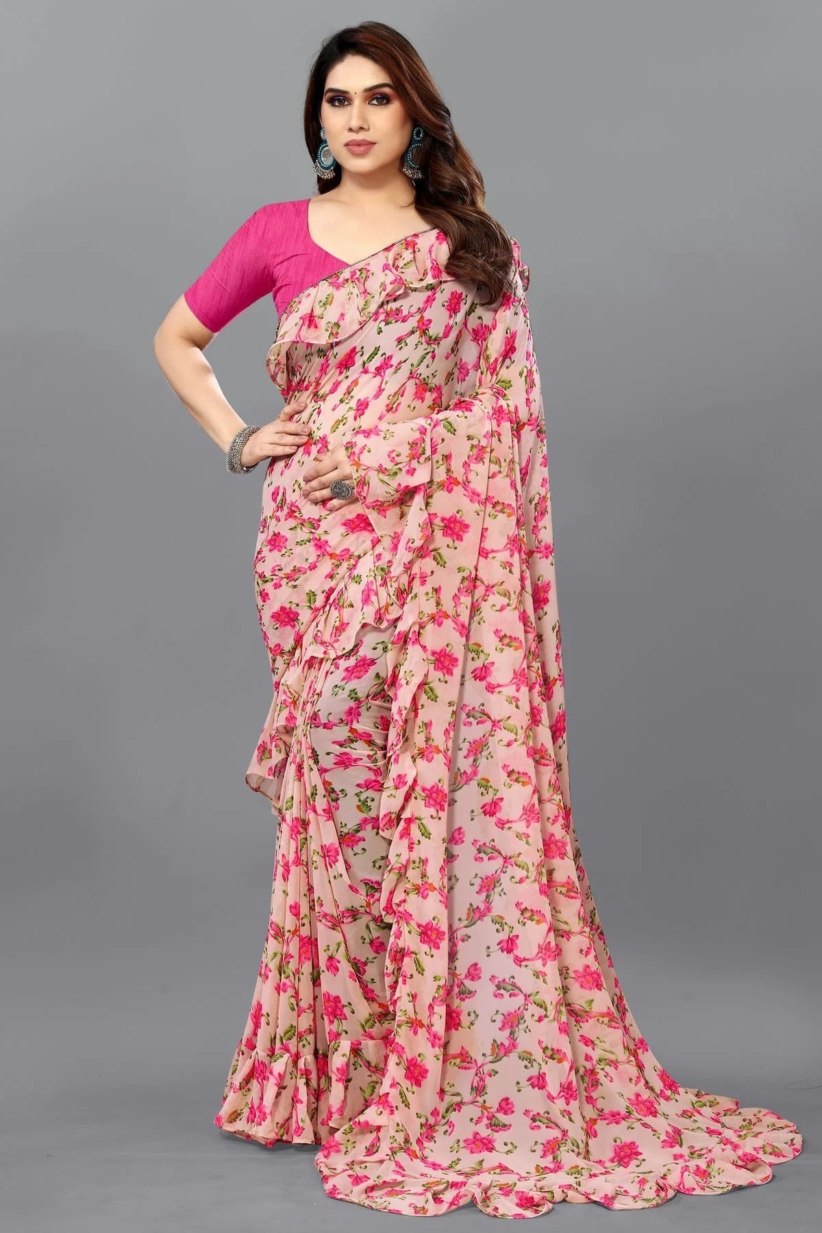 Peach Colour Georgette Ruffle Saree SD1180114