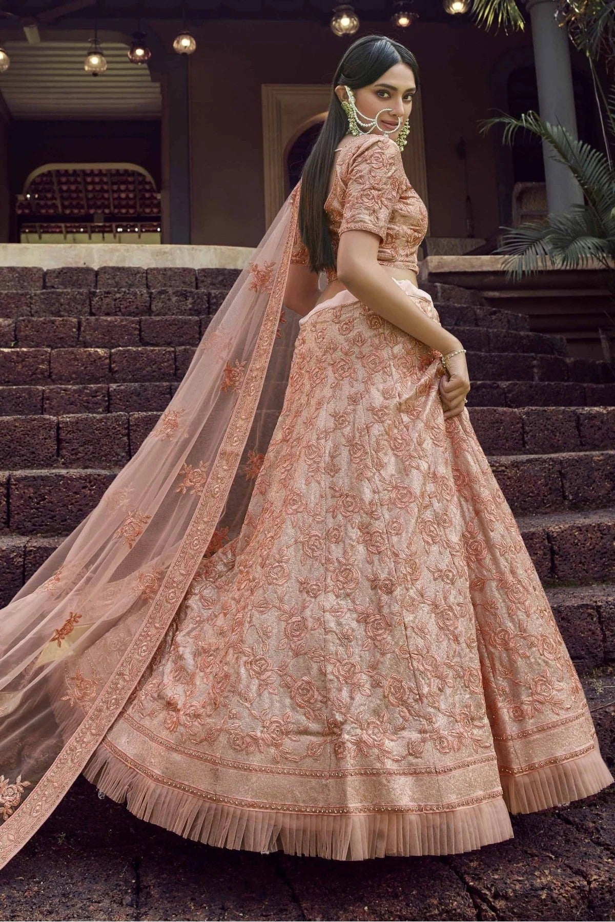 Peach Colour Georgette Sequins Work Lehenga Choli LC1080242 A