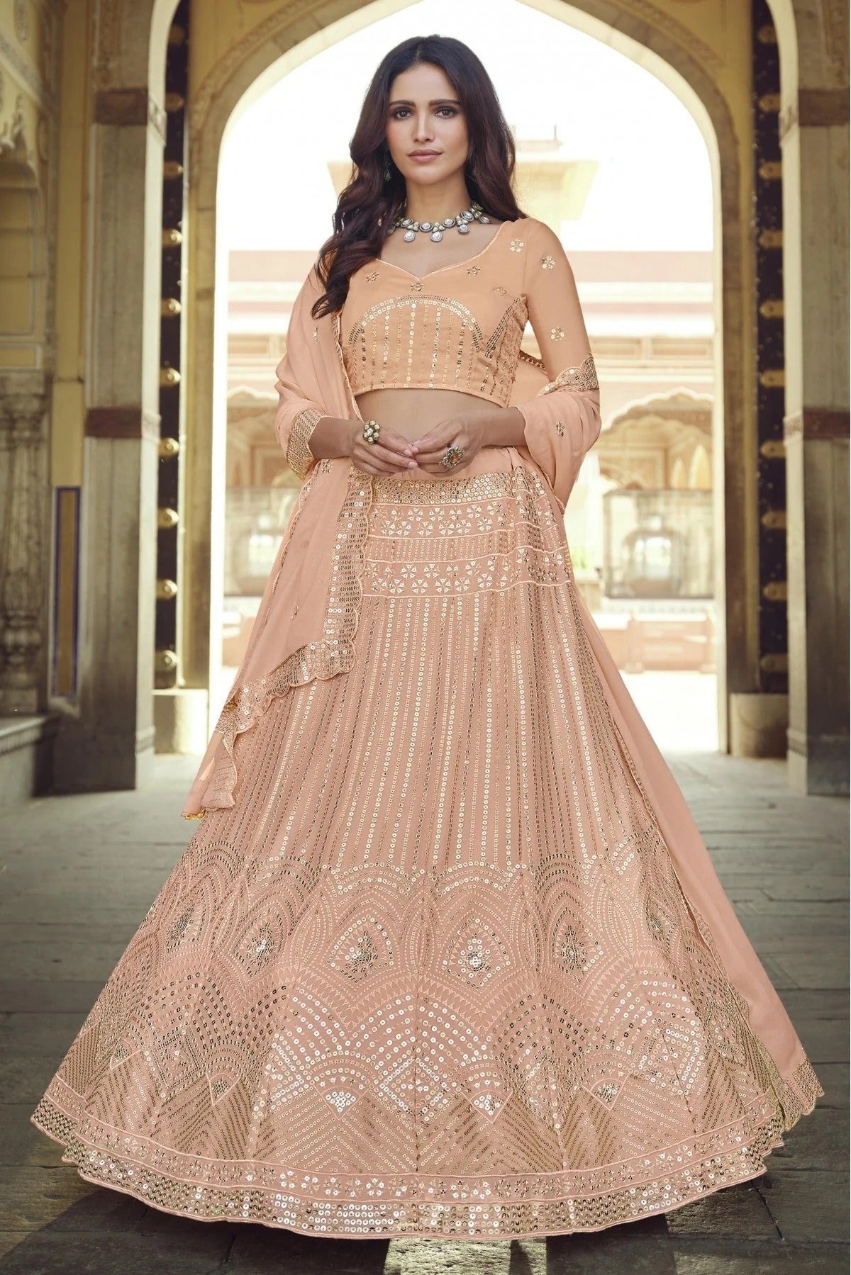 Peach Colour Georgette Sequins Work Lehenga Choli LC1080559