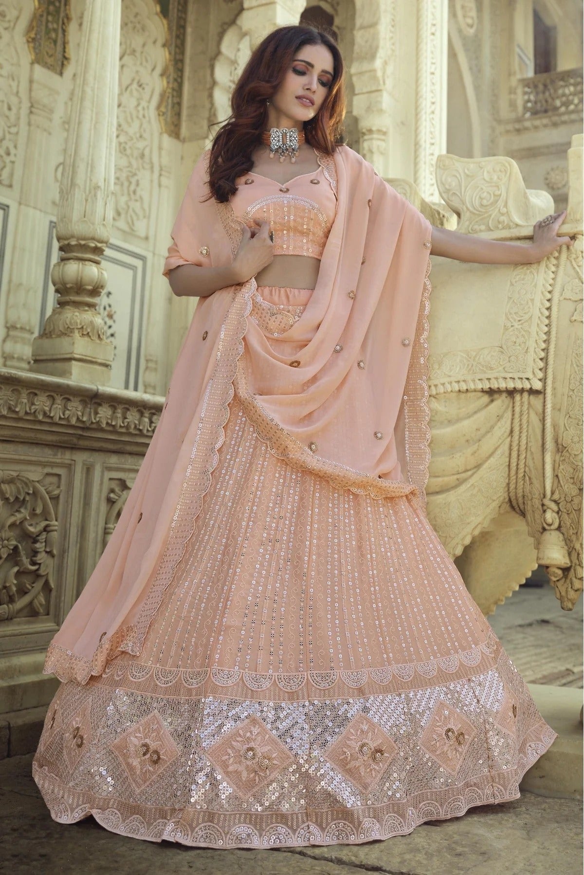 Peach Colour Georgette Sequins Work Lehenga Choli LC1080563