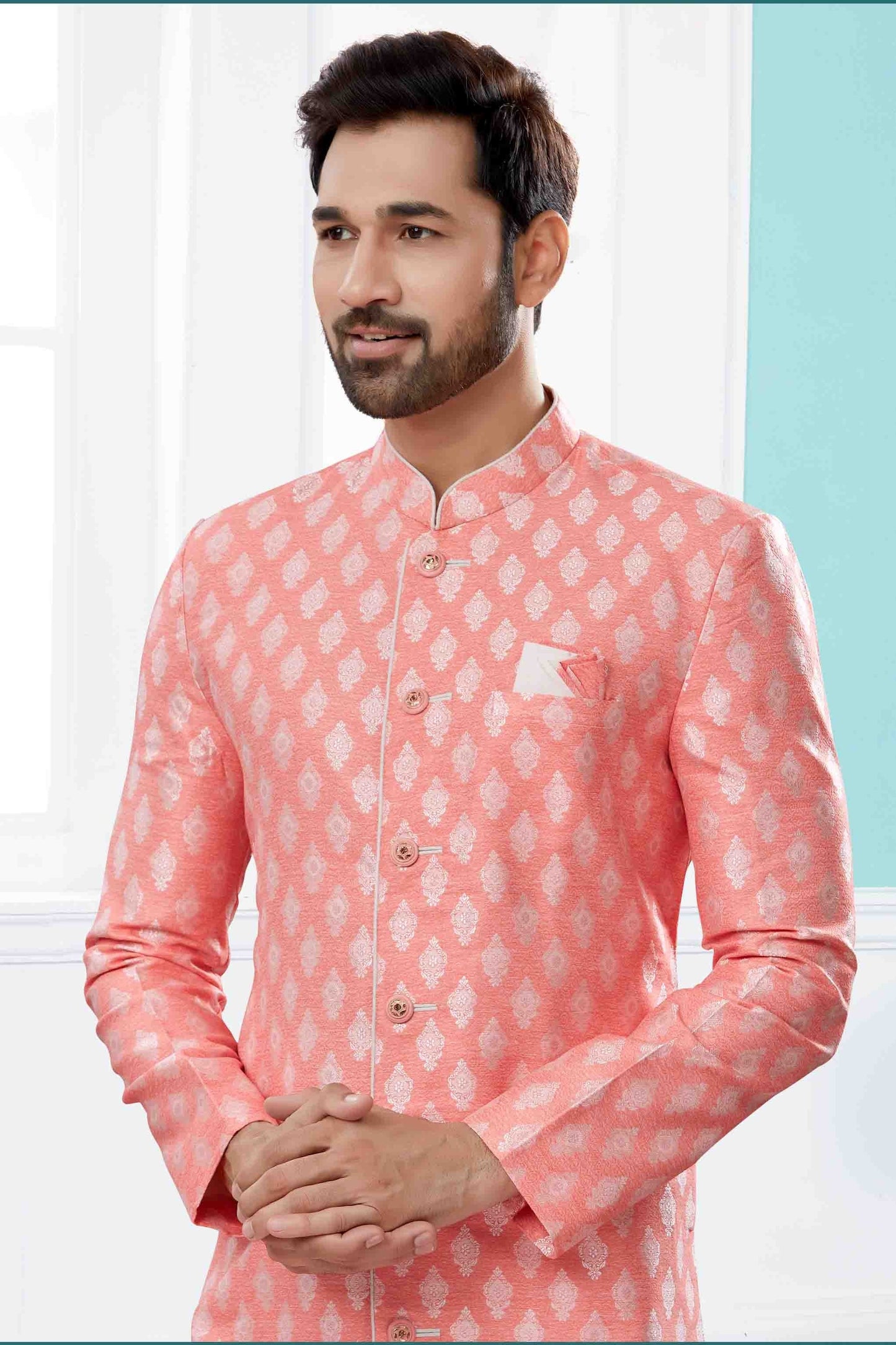 Peach Colour Indo Western In Banarasi Jacquard Fabric SH1040446 A