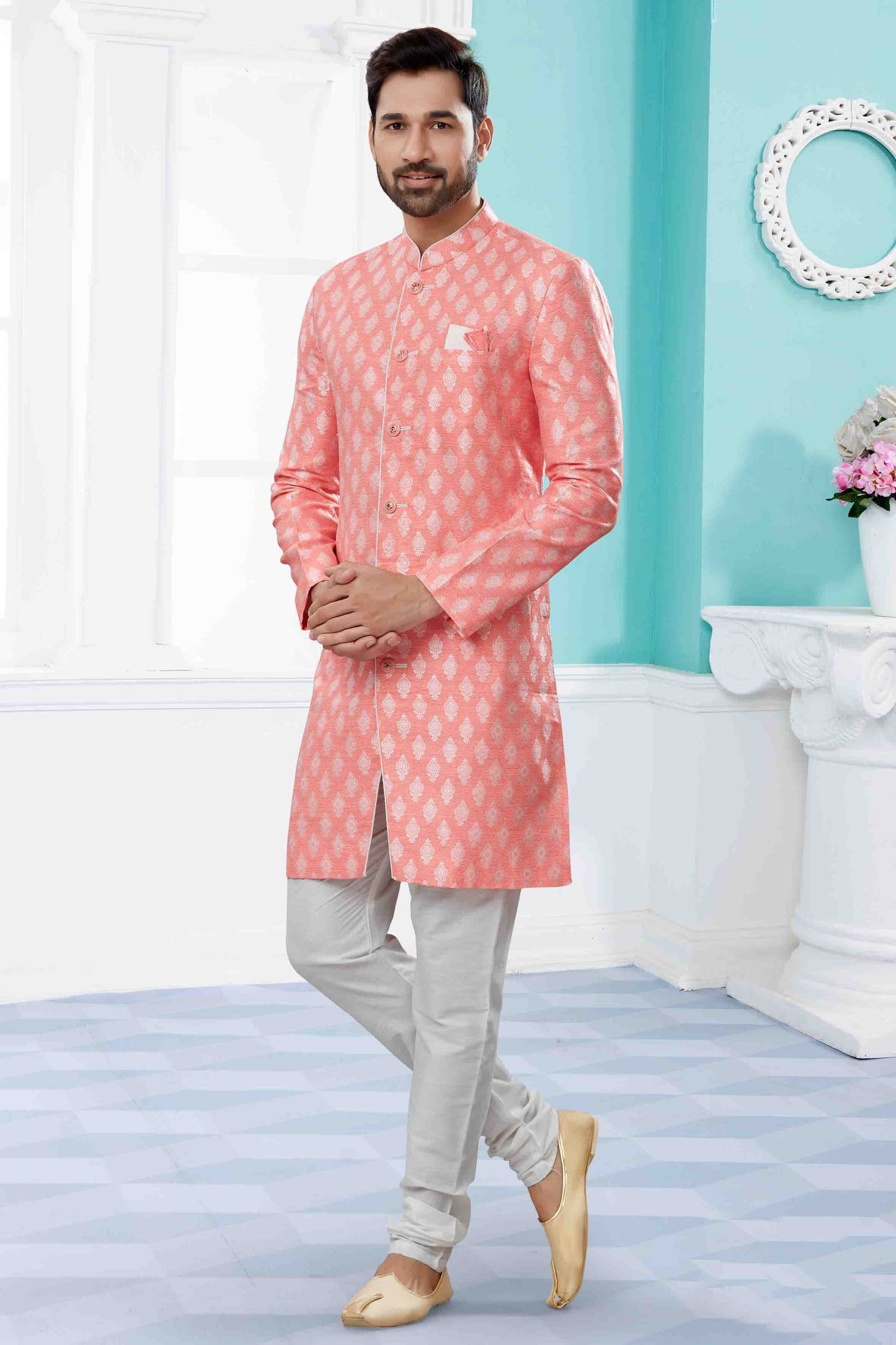 Peach Colour Indo Western In Banarasi Jacquard Fabric SH1040446