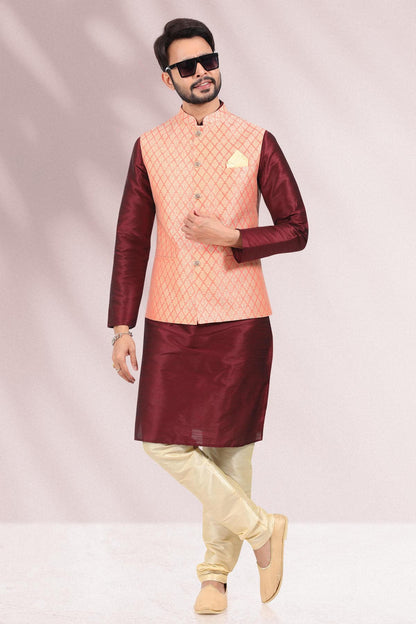 Peach Colour Jacquard Banarasi Silk Woven Work Kurta Pajama With Jacket