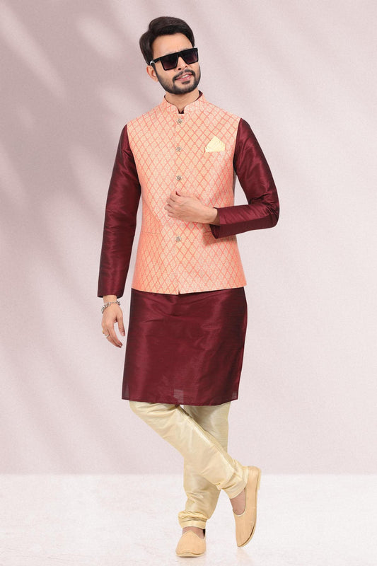 Peach Colour Jacquard Banarasi Silk Woven Work Kurta Pajama With Jacket