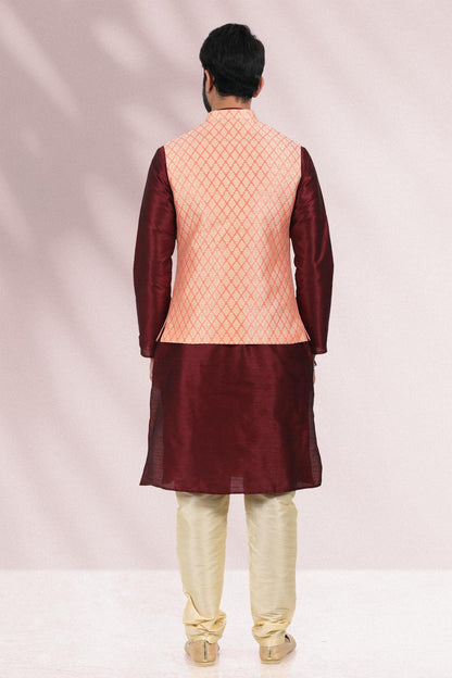 Peach Colour Jacquard Banarasi Silk Woven Work Kurta Pajama With Jacket