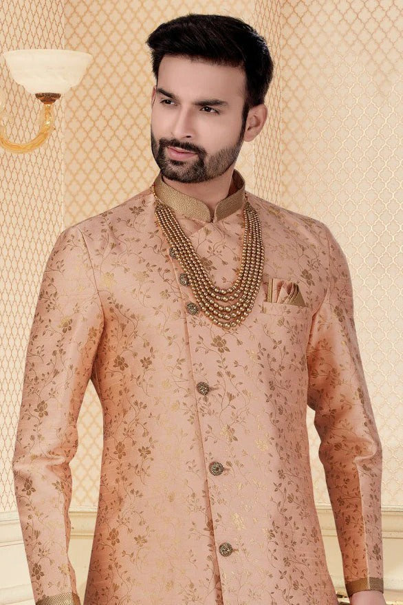 Peach Colour Jacquard Dhoti Sherwani SH1040273 A