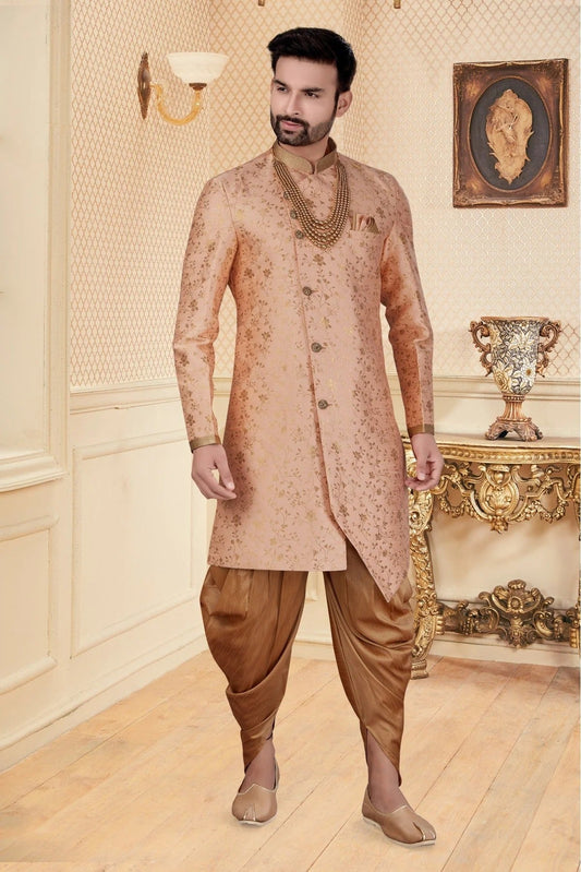 Peach Colour Jacquard Dhoti Sherwani SH1040273