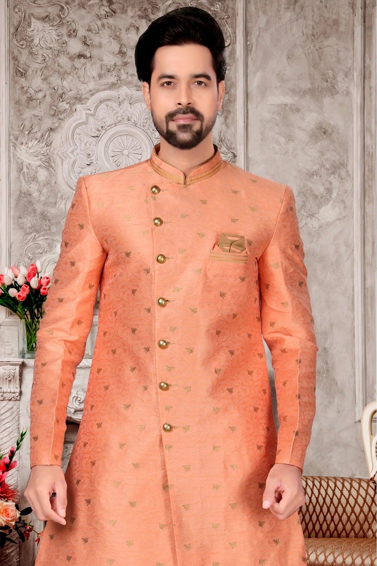 Peach Colour Jacquard Dhoti Sherwani SH1040287 A