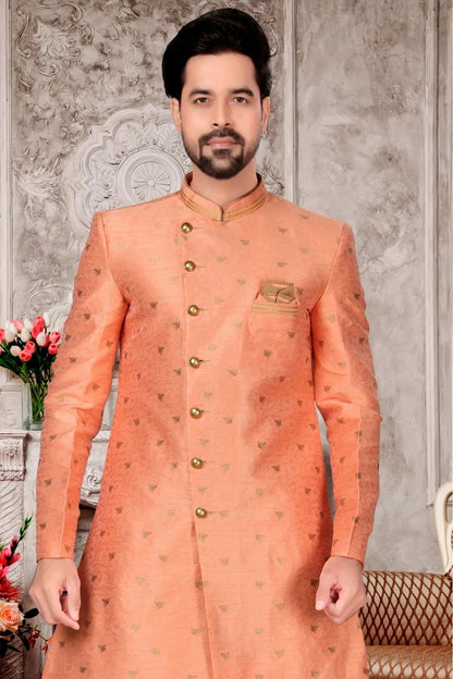 Peach Colour Jacquard Dhoti Sherwani SH1040287 A