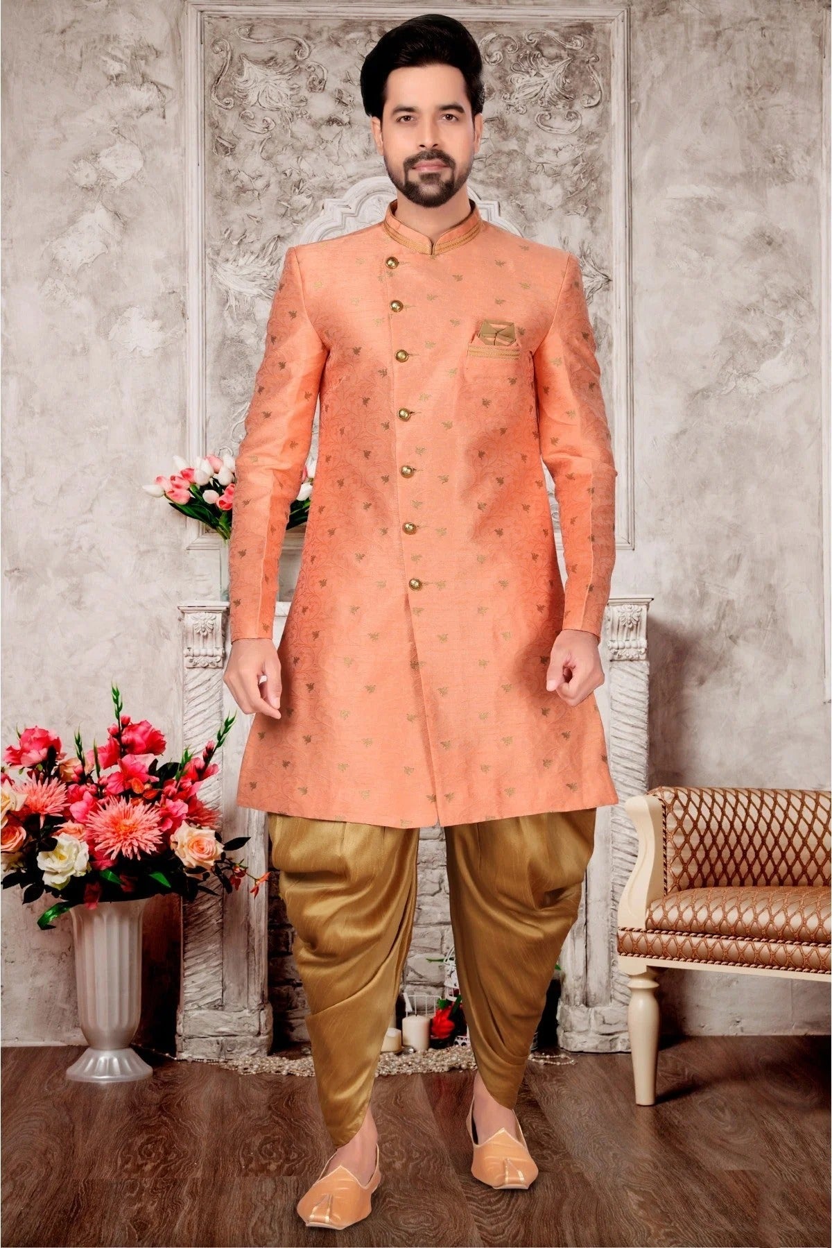 Peach Colour Jacquard Dhoti Sherwani SH1040287