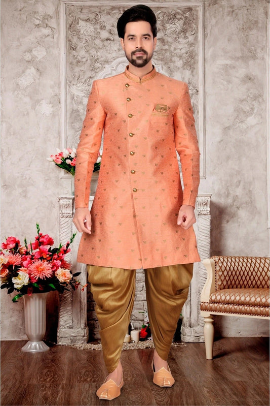 Peach Colour Jacquard Dhoti Sherwani SH1040287
