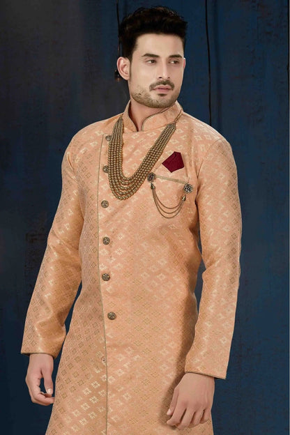 Peach Colour Jacquard Party Wear Dhoti Sherwani SH1040212 A