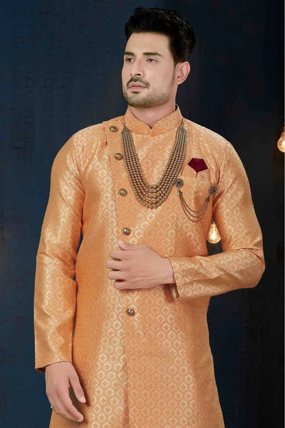 Peach Colour Jacquard Party Wear Dhoti Sherwani SH1040213 A