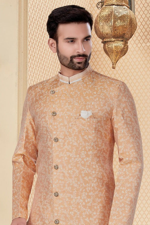 Peach Colour Jacquard Sherwani SH1040257 A