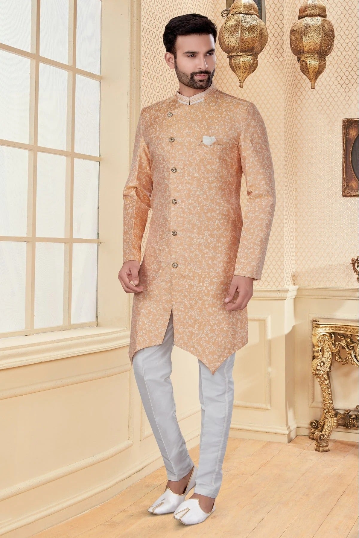 Peach Colour Jacquard Sherwani SH1040257