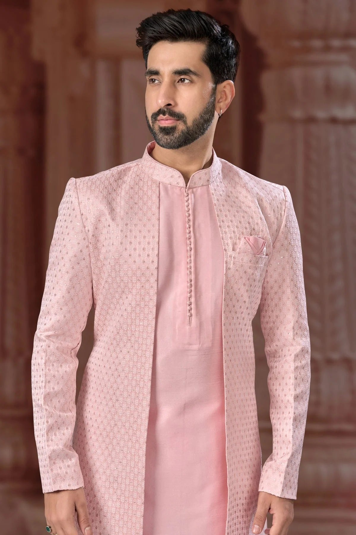 Peach Colour Jacquard Sherwani SH1040558 A