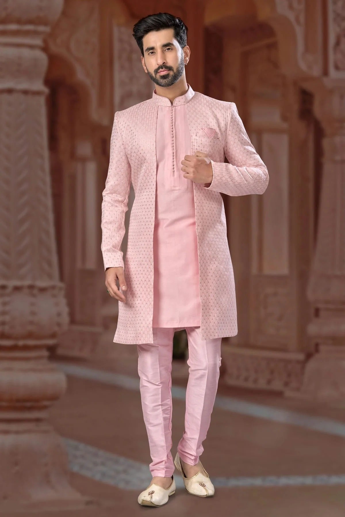 Peach Colour Jacquard Sherwani SH1040558