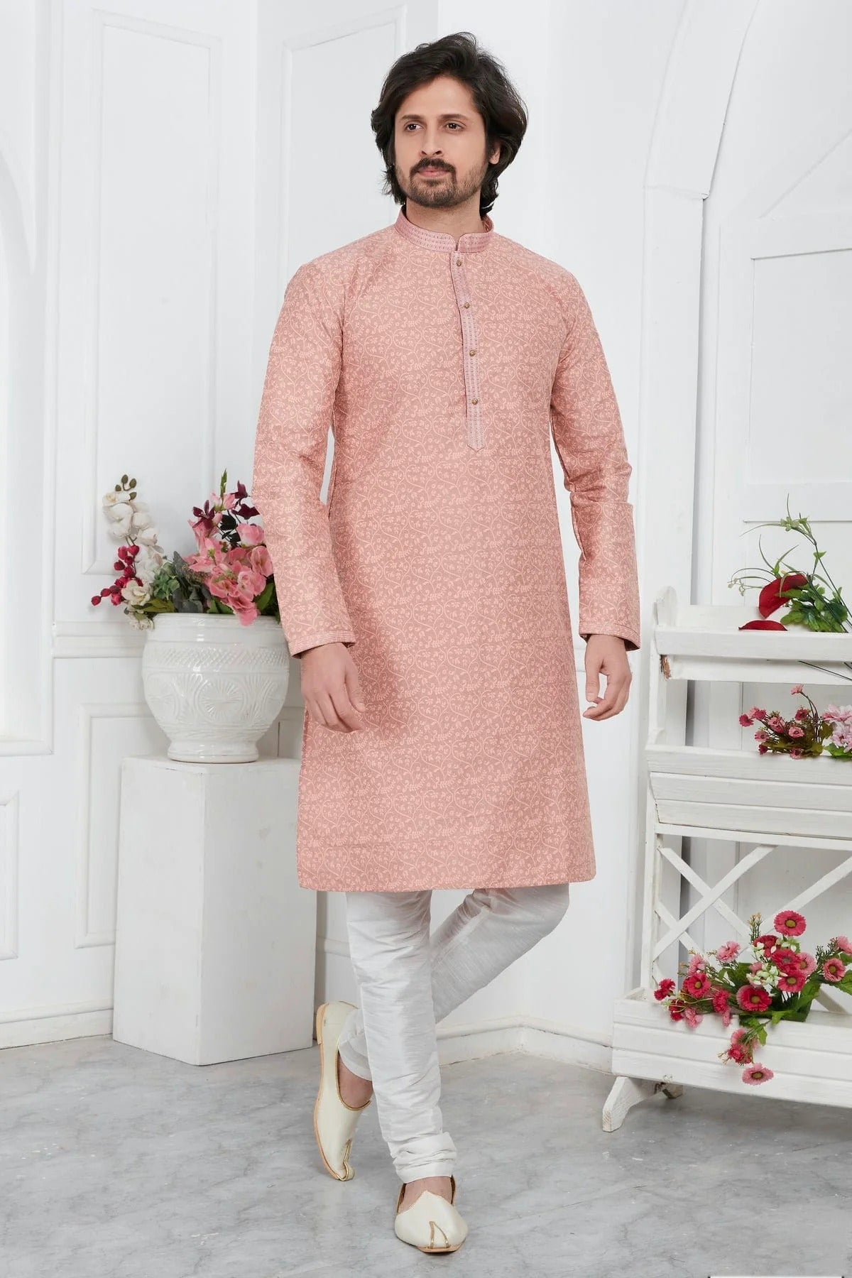 Peach Colour Jacquard Silk Brocade Kurta Pajama KP1230212