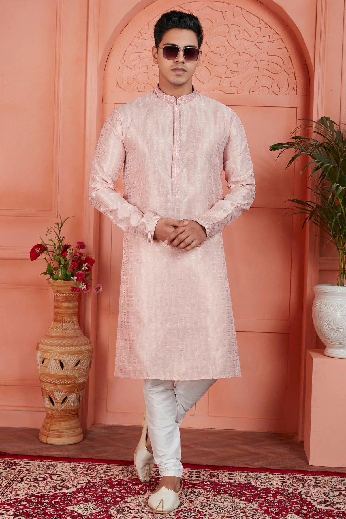 Peach Colour Jacquard Silk Brocade Kurta Pajama KP1230228 A