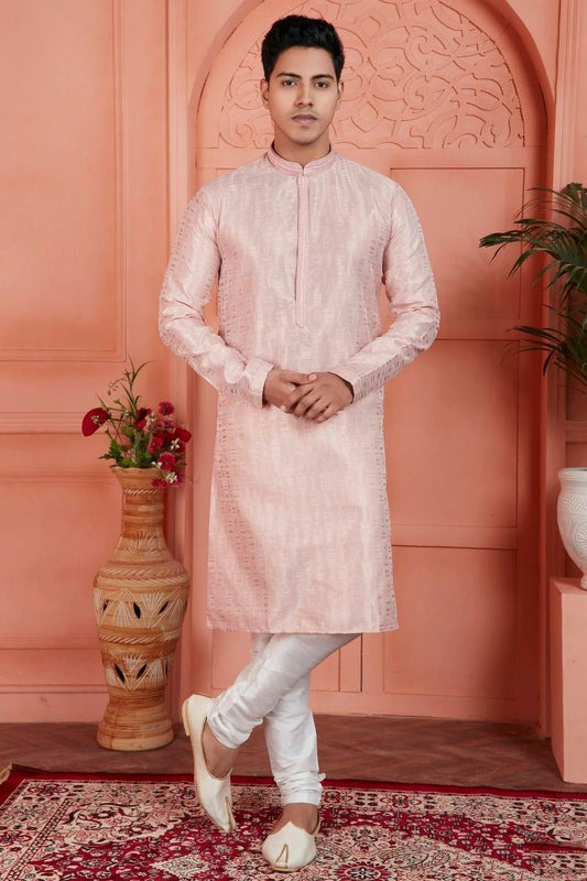 Peach Colour Jacquard Silk Brocade Kurta Pajama KP1230228