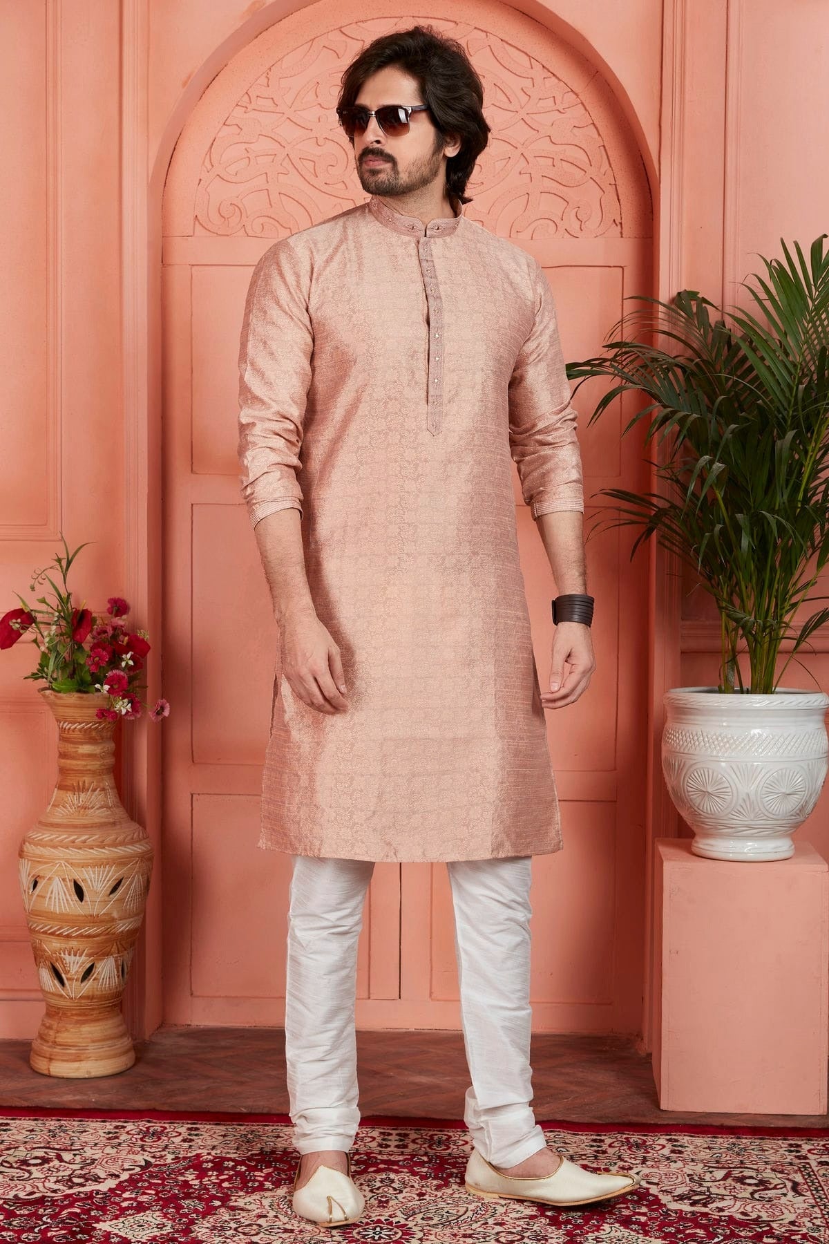 Peach Colour Jacquard Silk Brocade Kurta Pajama KP1230231 A