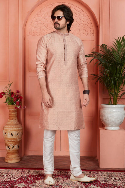 Peach Colour Jacquard Silk Brocade Kurta Pajama KP1230231 A