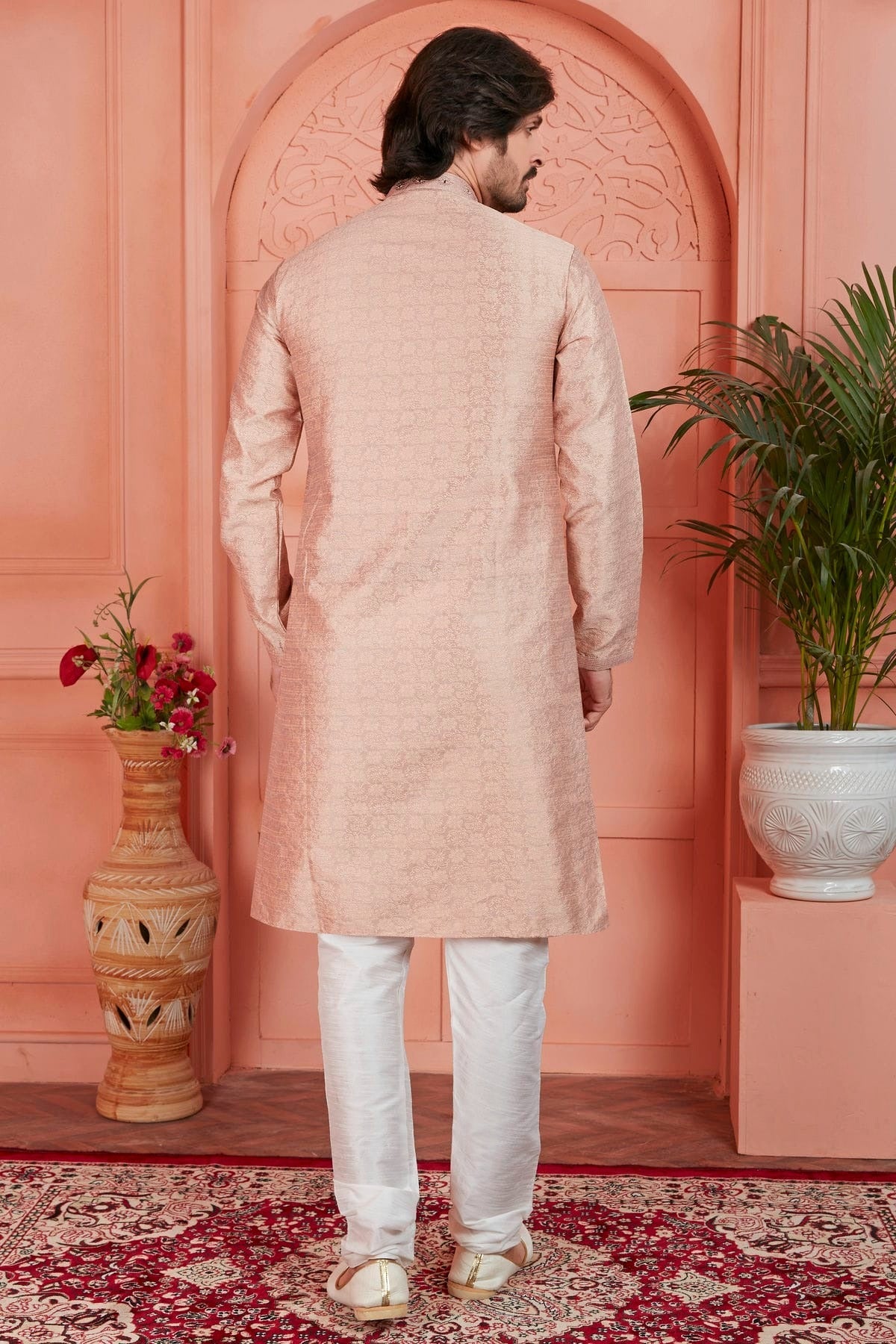 Peach Colour Jacquard Silk Brocade Kurta Pajama KP1230231 B