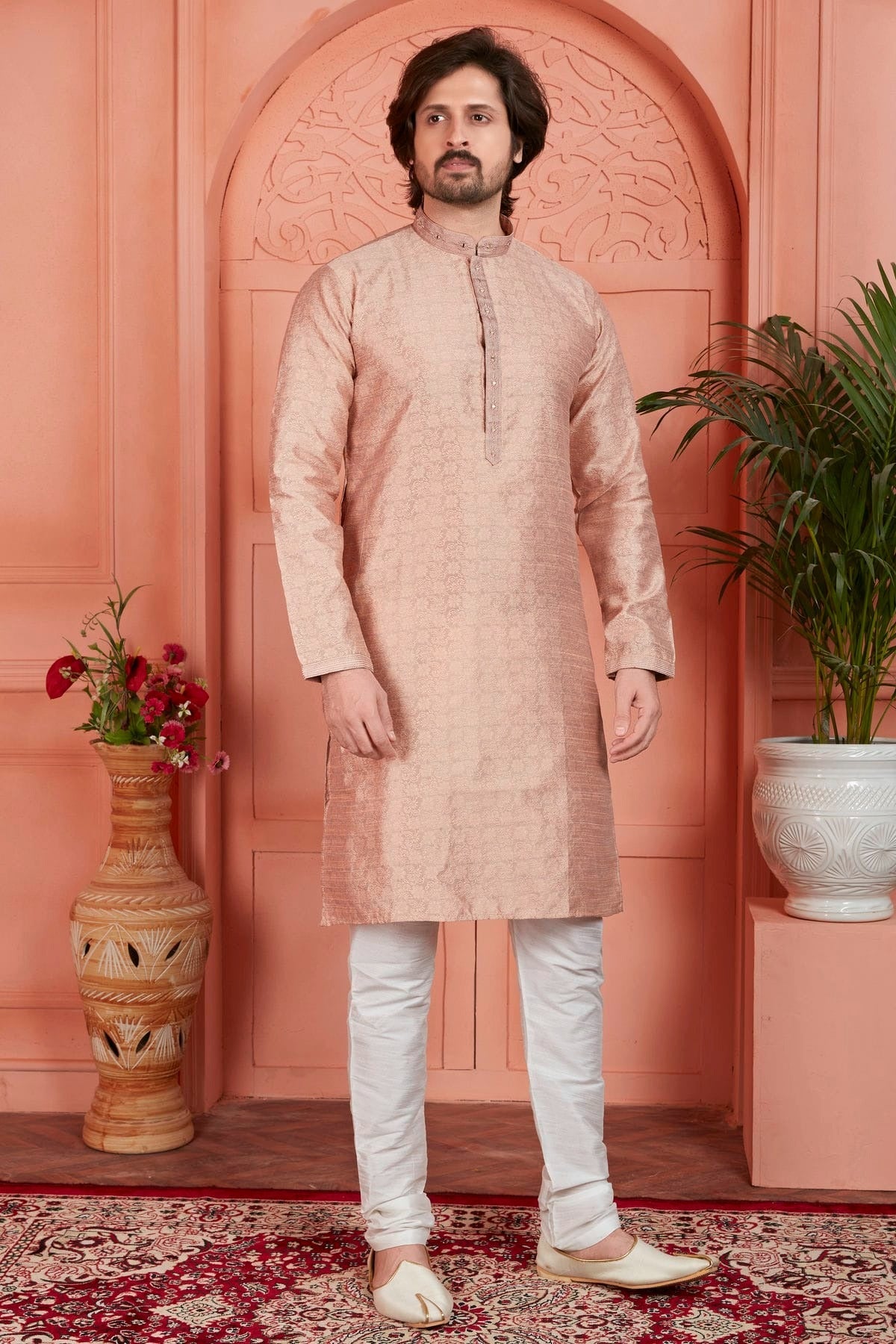 Peach Colour Jacquard Silk Brocade Kurta Pajama KP1230231