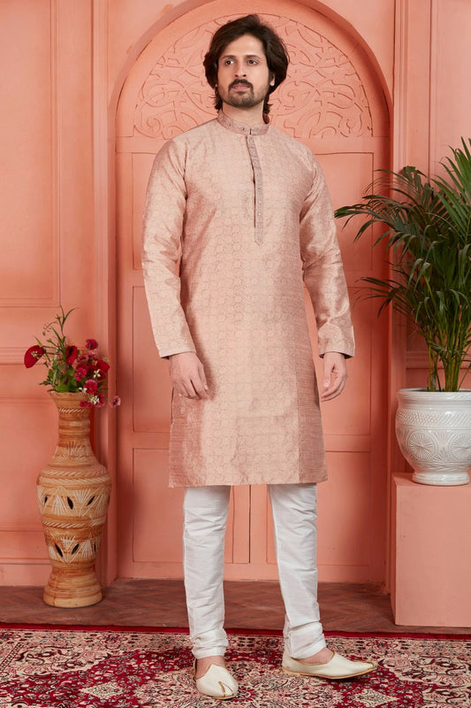 Peach Colour Jacquard Silk Brocade Kurta Pajama KP1230231