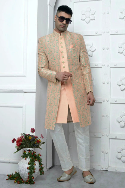 Peach Colour Jacquard Silk Indowestern Sherwani With Aligadhi Pant SH1230036 A