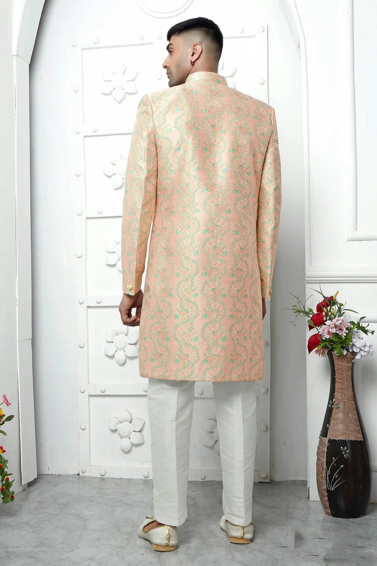 Peach Colour Jacquard Silk Indowestern Sherwani With Aligadhi Pant SH1230036 B