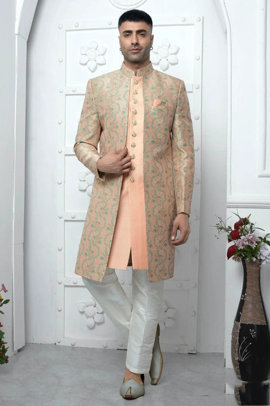 Peach Colour Jacquard Silk Indowestern Sherwani With Aligadhi Pant SH1230036