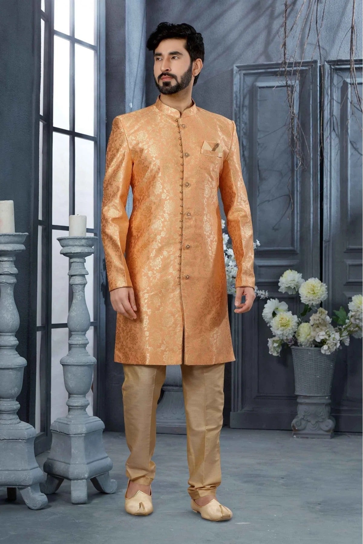 Peach Colour Jacquard Woven Sherwani SH1040313