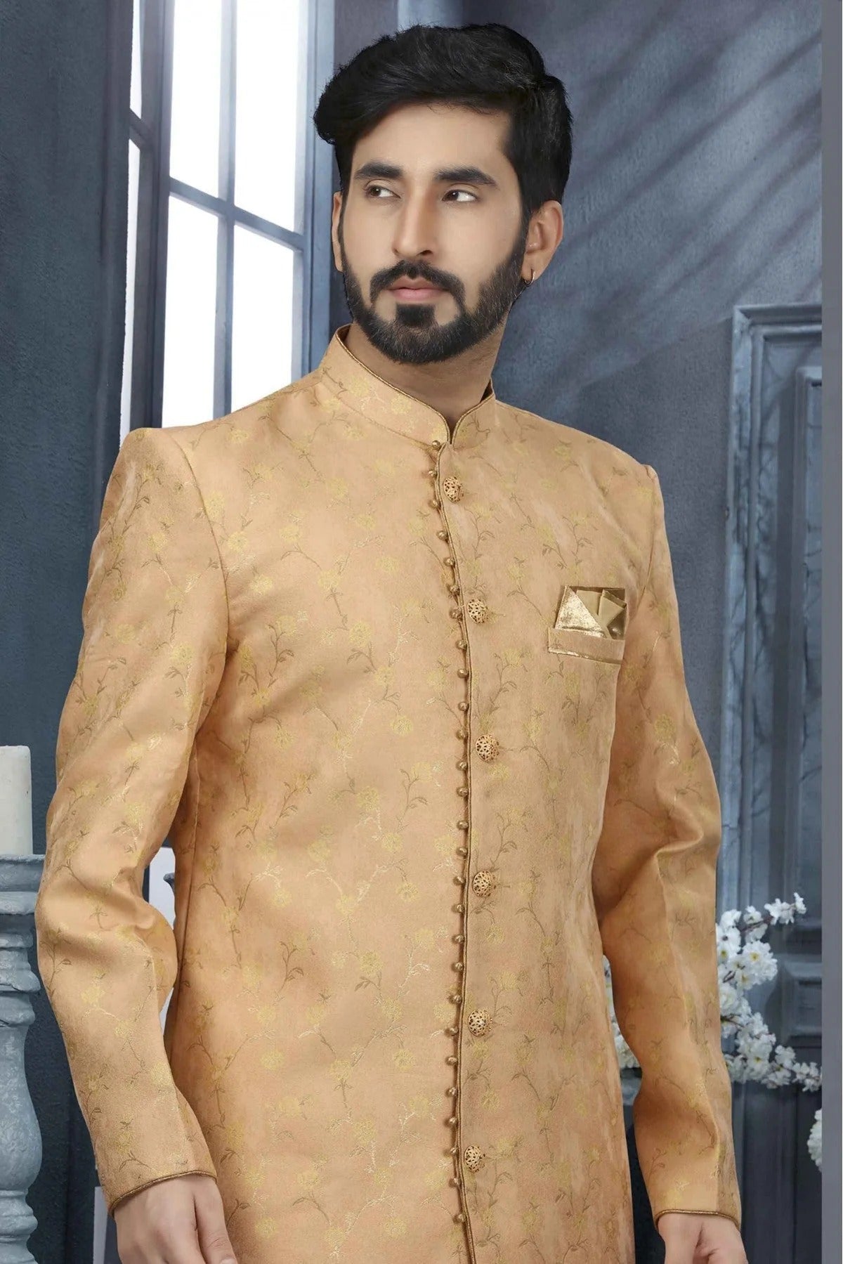 Peach Colour Jacquard Zari Work Sherwani SH1040325 A