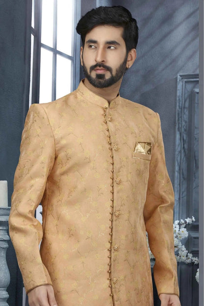 Peach Colour Jacquard Zari Work Sherwani SH1040325 A