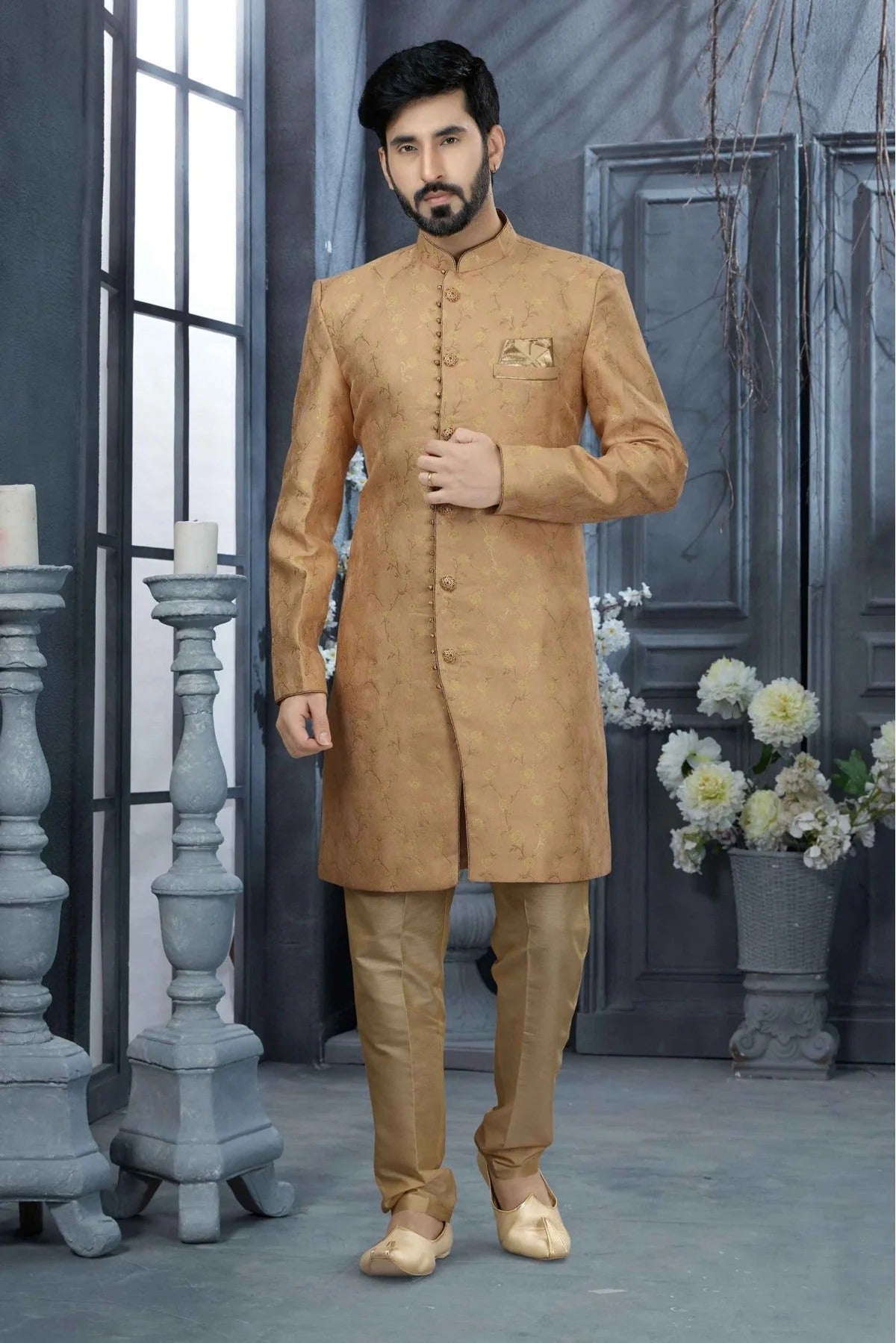 Peach Colour Jacquard Zari Work Sherwani SH1040325