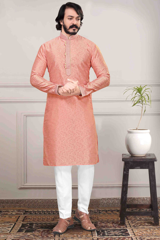 Peach Colour Kurta Pajama In Jacquard Silk KP1210023