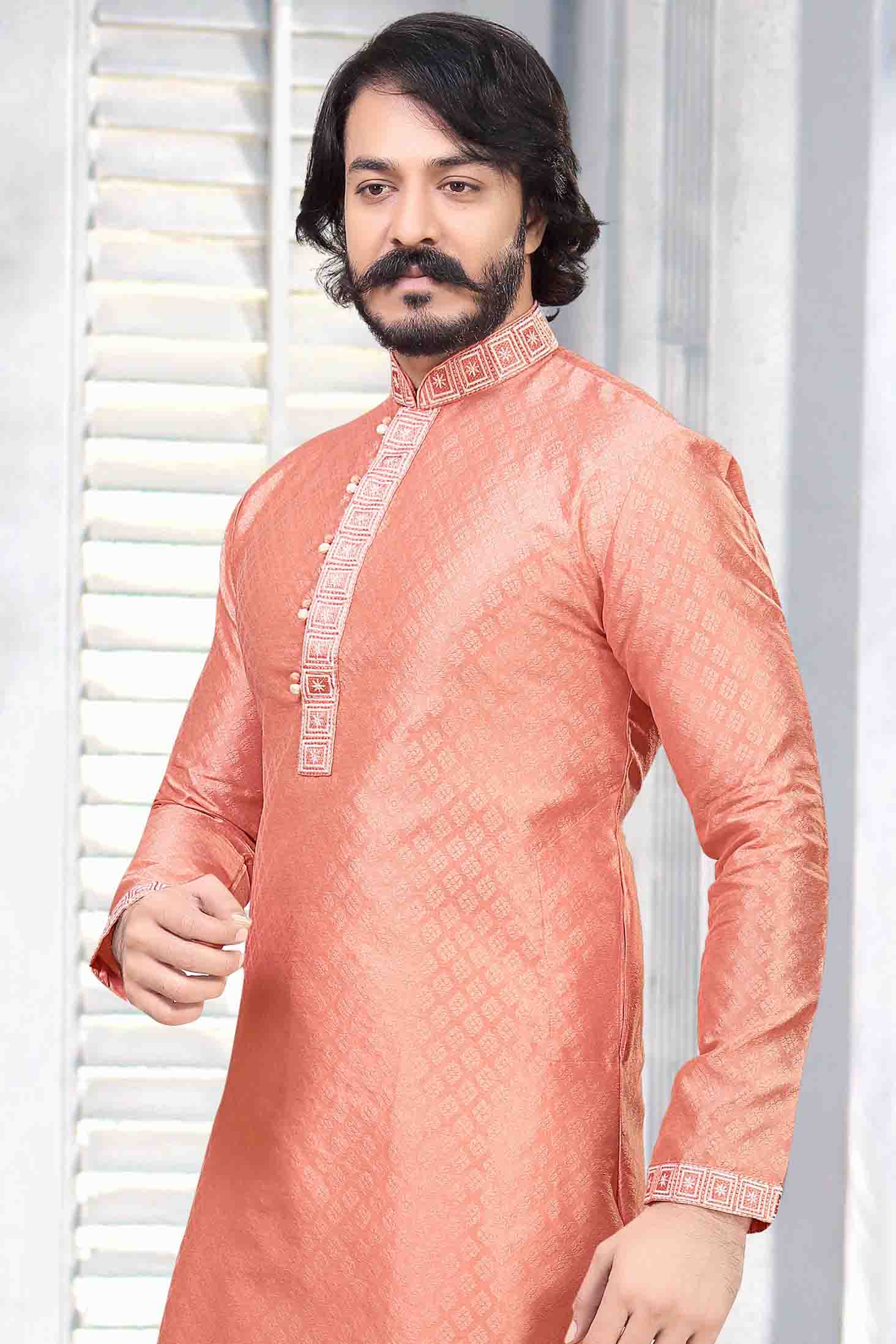 Peach Colour Kurta Pajama In Jacquard Silk KP1210030 A