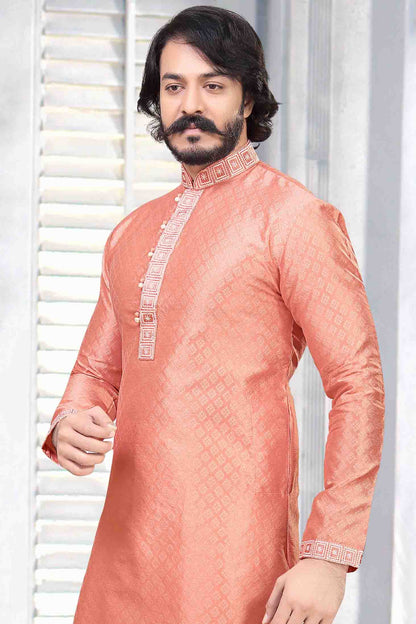 Peach Colour Kurta Pajama In Jacquard Silk KP1210030 A