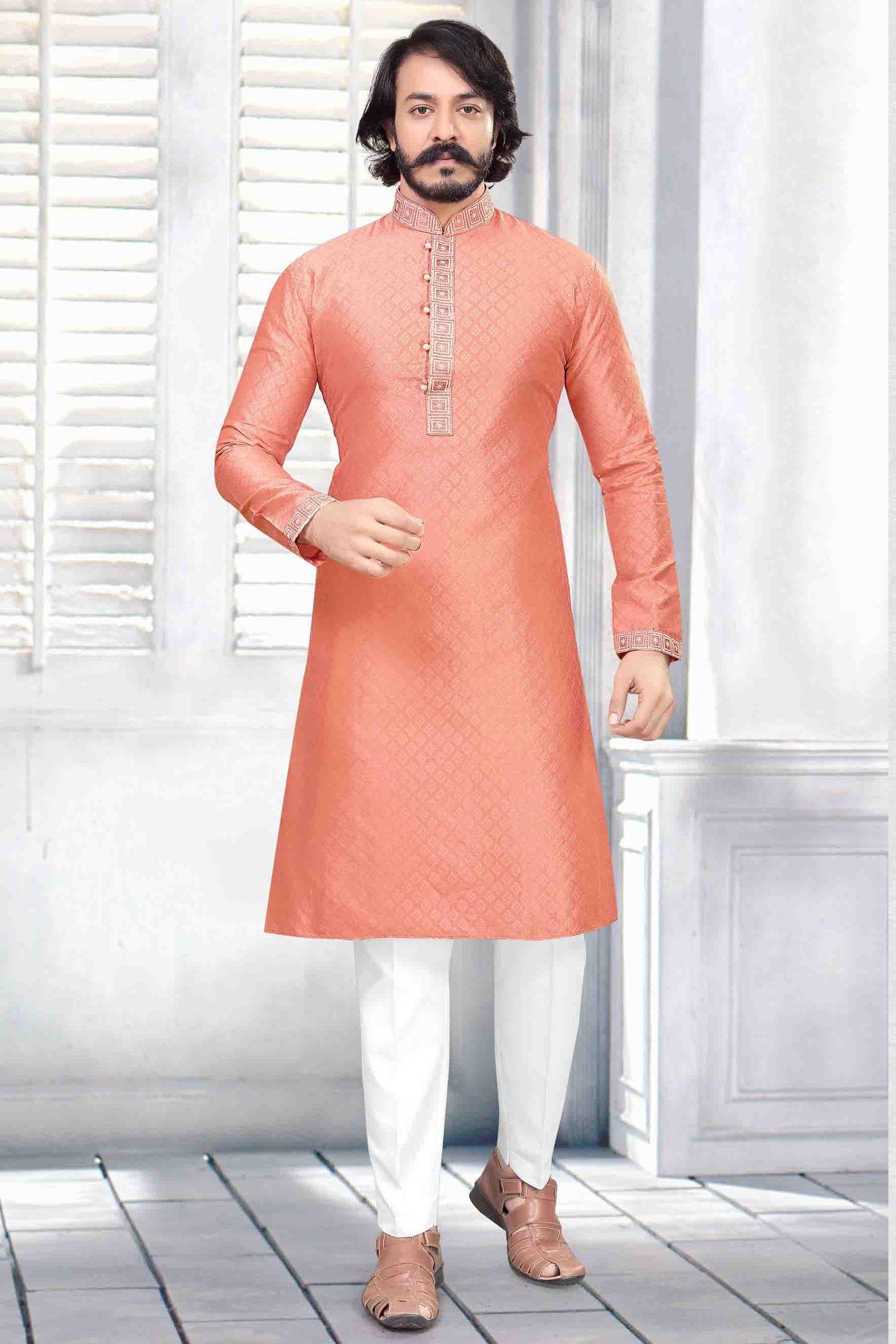 Peach Colour Kurta Pajama In Jacquard Silk KP1210030