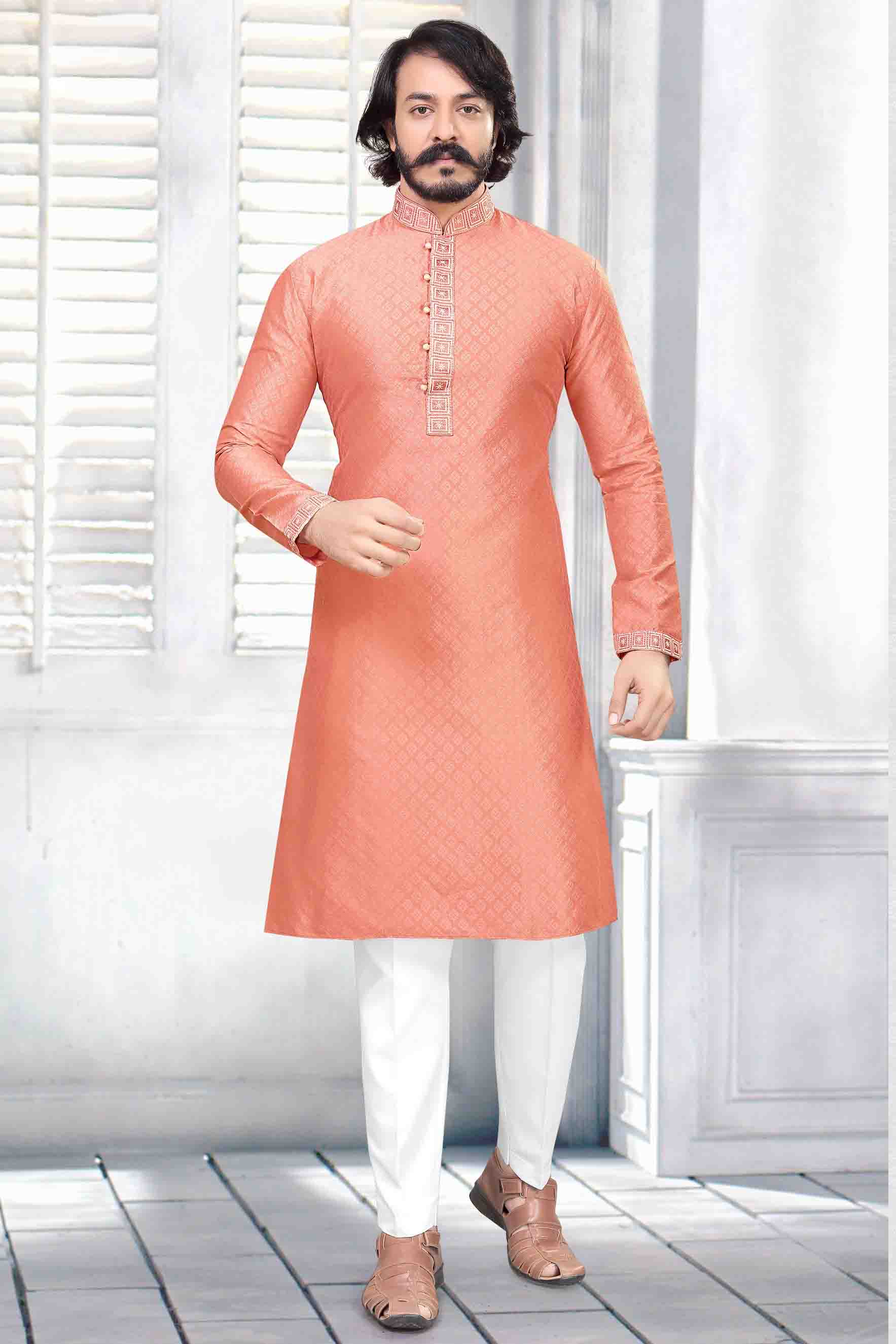 Peach Colour Kurta Pajama In Jacquard Silk KP1210030