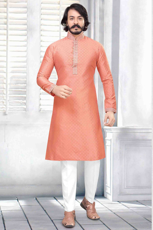 Peach Colour Kurta Pajama In Jacquard Silk KP1210030