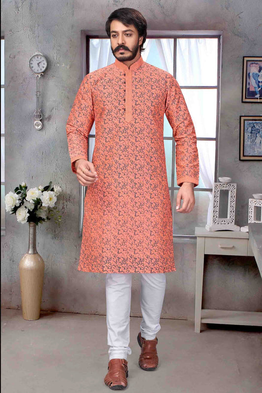 Peach Colour Kurta Pajama In Jacquard Silk KP1210072