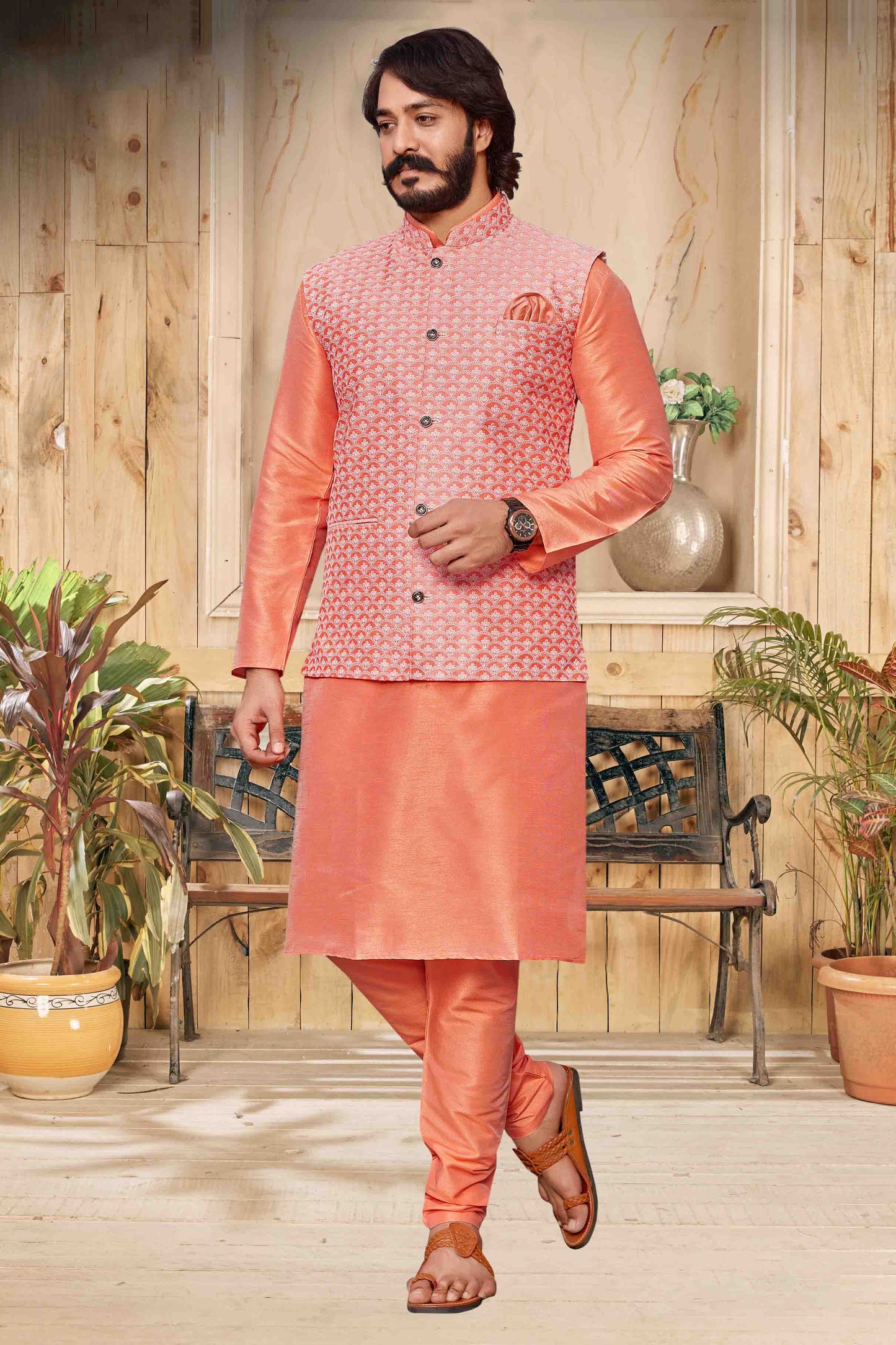 Peach Colour Kurta Pajama With Jacket In Art Silk KP1210291