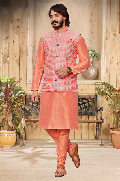 Peach Colour Kurta Pajama With Jacket In Art Silk KP1210291