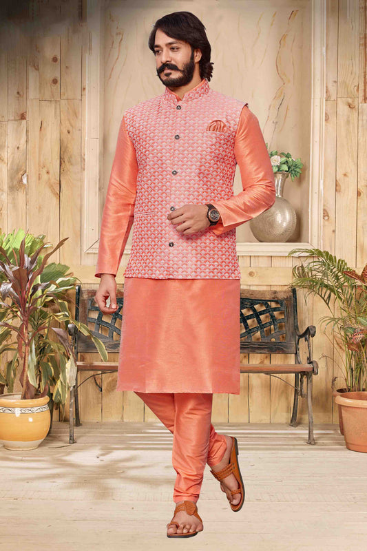 Peach Colour Kurta Pajama With Jacket In Art Silk KP1210291