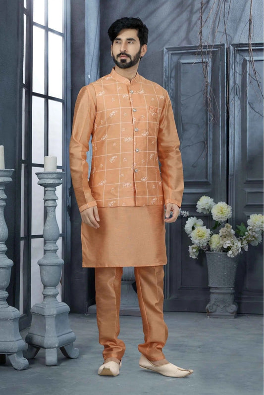 Peach Colour Kurta Pajama With Jacket In Silk Dupion Fabric KP1040192