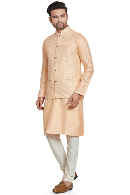 Peach Colour Kurta Pajama With Jacket In Silk KP1210446 A