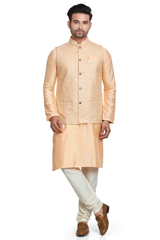 Peach Colour Kurta Pajama With Jacket In Silk KP1210446