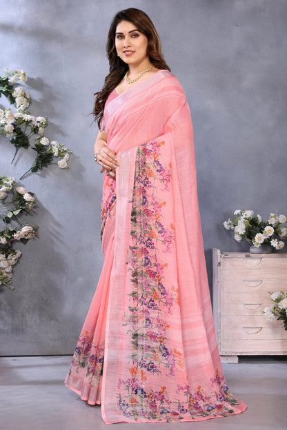 Peach Colour Linen Cotton Printed Saree